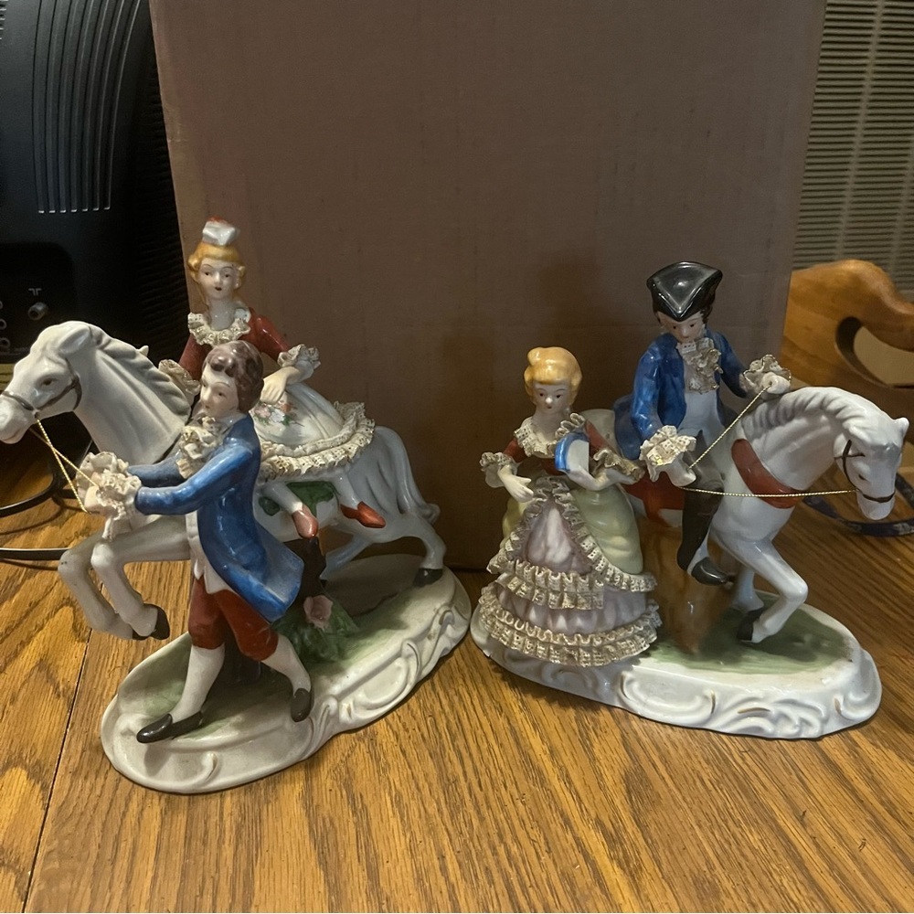 Porcelain Figurine Set with Blue and Red Accents